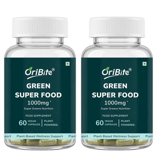 Two clear plastic bottles of OriBite Green Super Food 1000mg food supplement, each with a white cap and a dark green label, shown side by side on a white background.