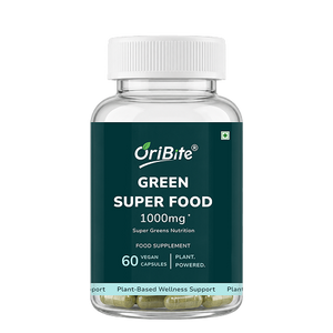 A clear plastic bottle of OriBite Green Super Food dietary supplement with a white cap and a dark green label, containing 60 vegan capsules.
