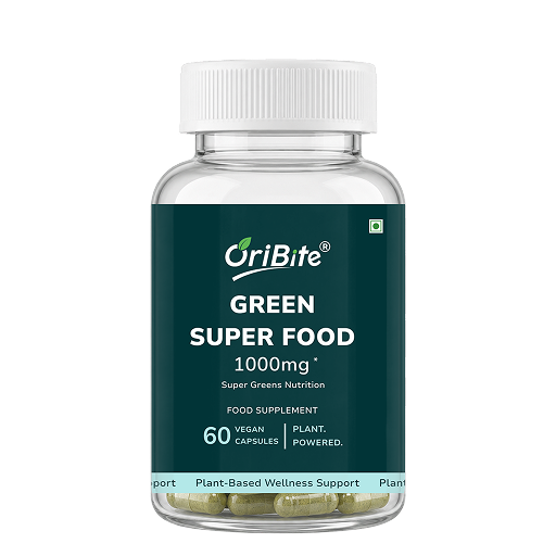 A clear plastic bottle of OriBite Green Super Food dietary supplement with a white cap and a dark green label, containing 60 vegan capsules.