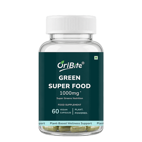 A clear plastic bottle of OriBite Green Super Food dietary supplement with a white cap and a dark green label, containing 60 vegan capsules.