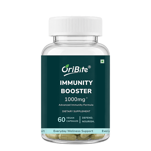 A clear plastic bottle of OriBite Immunity Booster dietary supplement with a white cap and a dark green label, containing 60 vegan capsules.