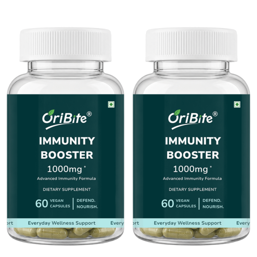Two clear plastic bottles of OriBite Immunity Booster 1000mg dietary supplements with white caps and dark green labels, shown side-by-side on a white background.