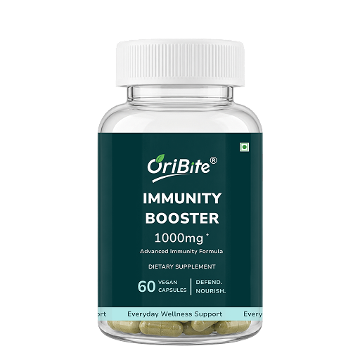 A clear plastic bottle of OriBite Immunity Booster dietary supplement with a white cap and a dark teal label, shown on a plain white background.