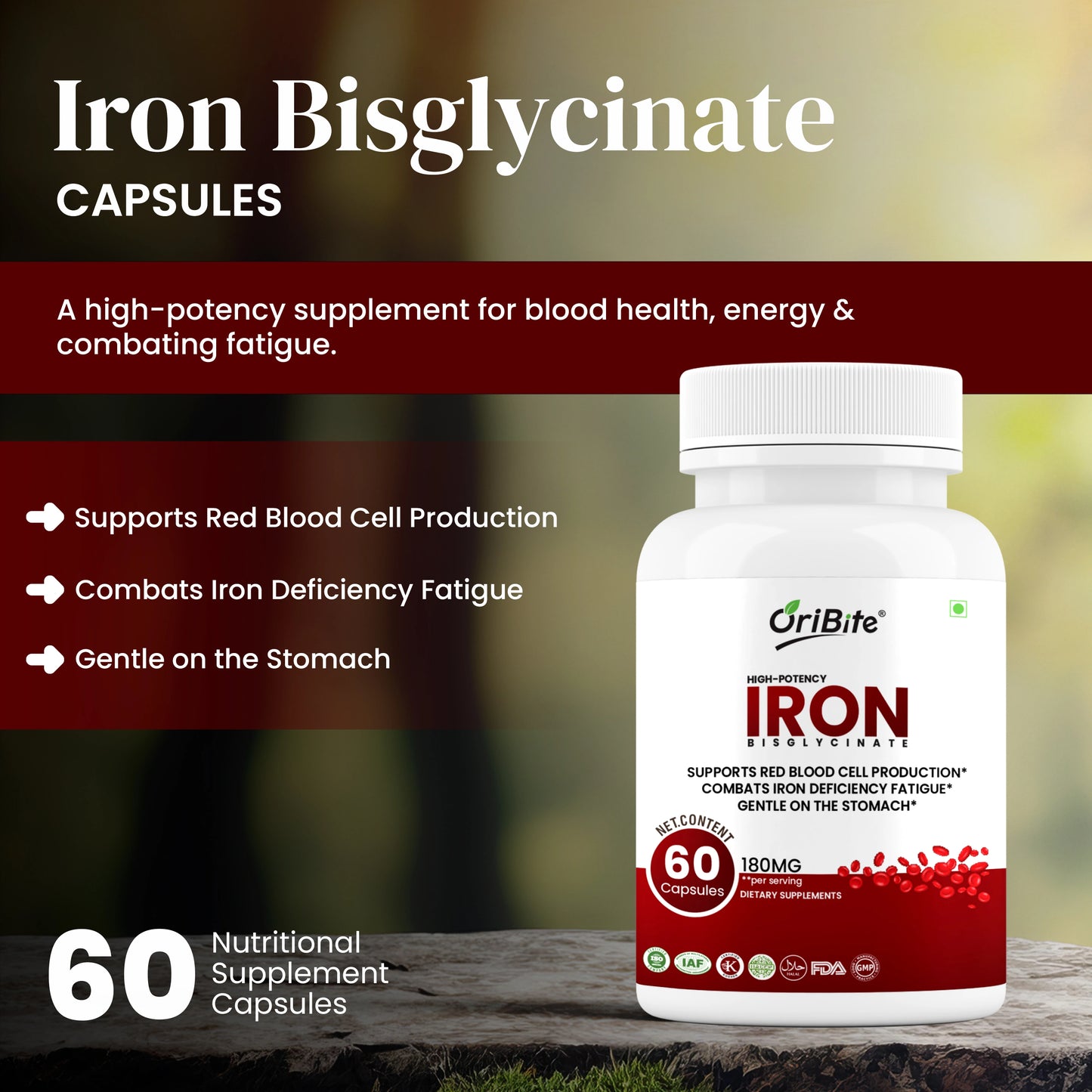 Oribite Iron Bisglycinate 180mg – High Potency Iron Supplement for Red Blood Cell Production, Iron Deficiency & Energy Support – Gentle on Stomach, Non-GMO, Gluten Free, 60 Veg Capsules