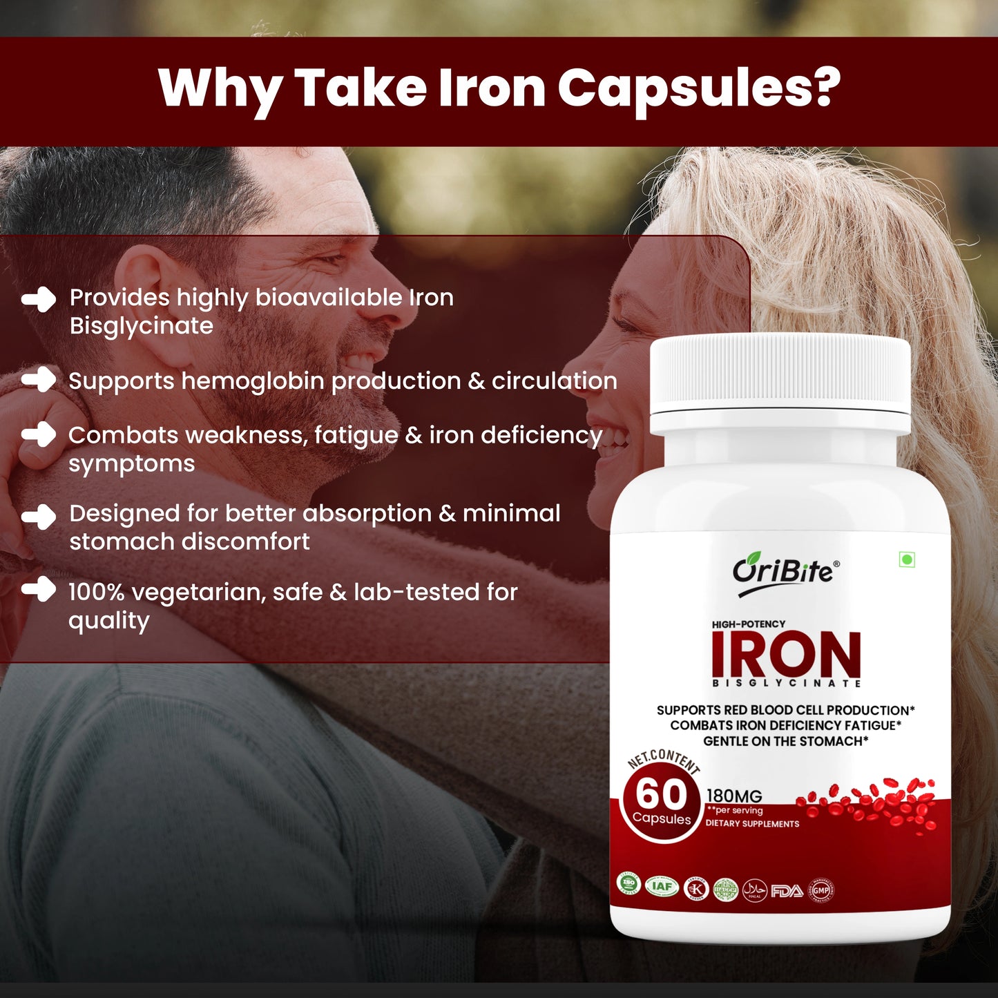 Oribite Iron Bisglycinate 180mg – High Potency Iron Supplement for Red Blood Cell Production, Iron Deficiency & Energy Support – Gentle on Stomach, Non-GMO, Gluten Free, 60 Veg Capsules