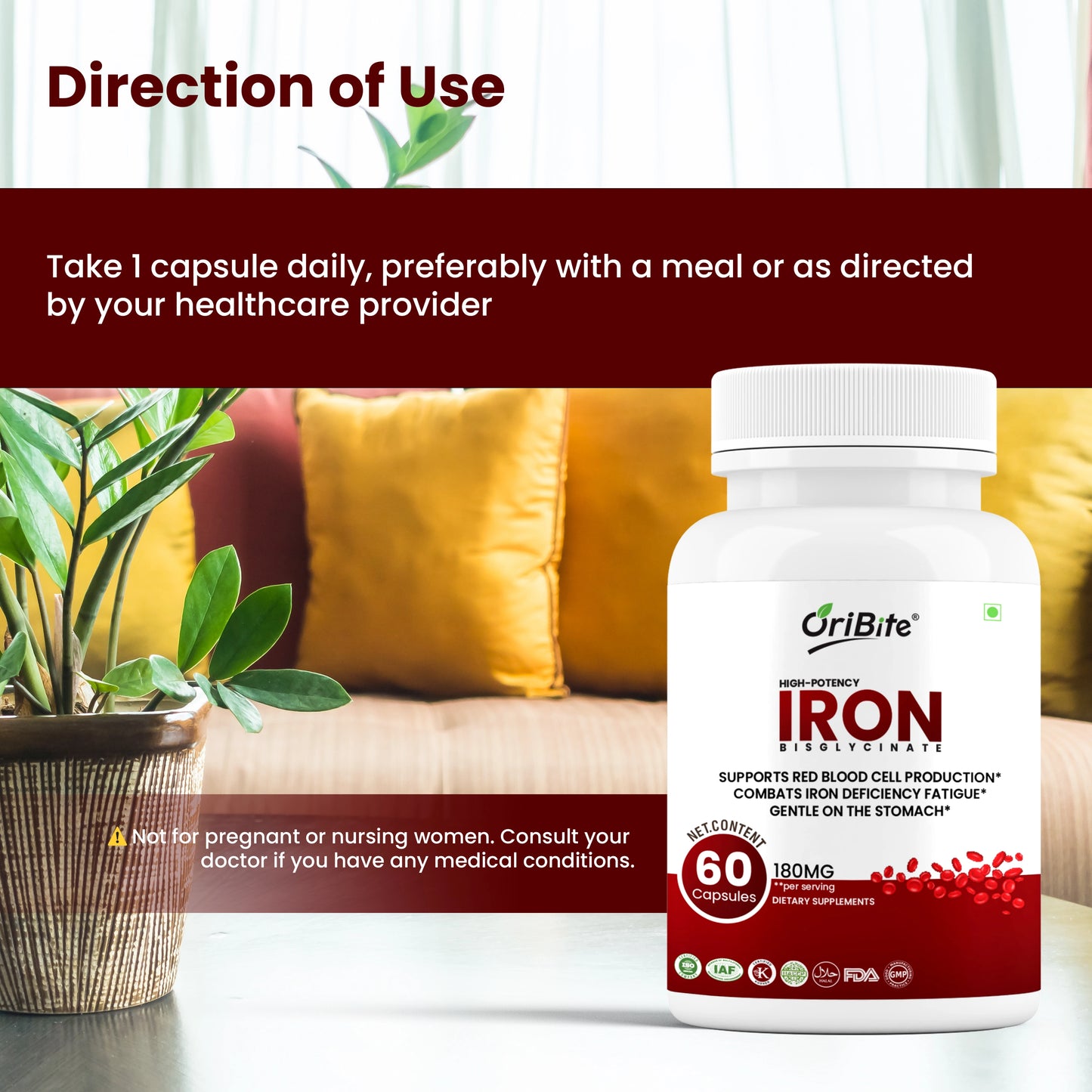 Oribite Iron Bisglycinate 180mg – High Potency Iron Supplement for Red Blood Cell Production, Iron Deficiency & Energy Support – Gentle on Stomach, Non-GMO, Gluten Free, 60 Veg Capsules