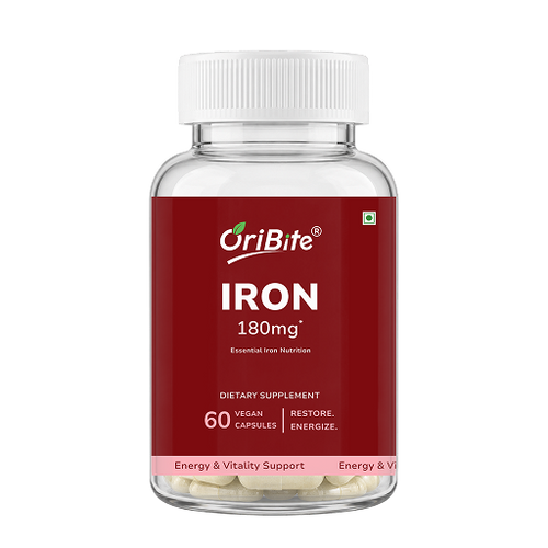 A clear plastic bottle of OriBite Iron 180mg dietary supplement with a white cap and a dark red label, containing 60 vegan capsules.
