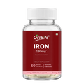 A bottle of OriBite Iron 180mg dietary supplement capsules on a plain white background.