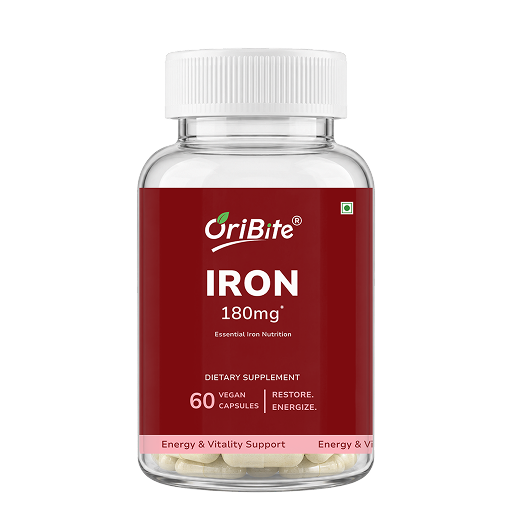 A bottle of OriBite Iron 180mg dietary supplement capsules on a plain white background.