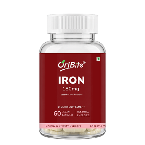 A bottle of OriBite Iron 180mg dietary supplement capsules on a plain white background.