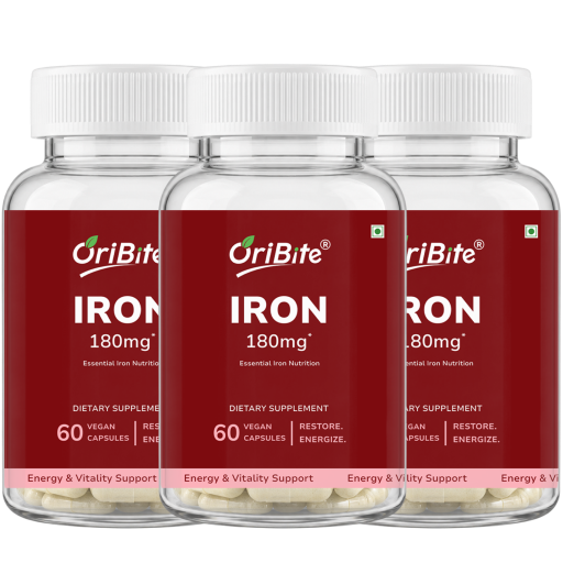 Three clear plastic bottles of OriBite Iron 180mg dietary supplement with white ribbed caps and dark red labels, arranged side by side on a white background.