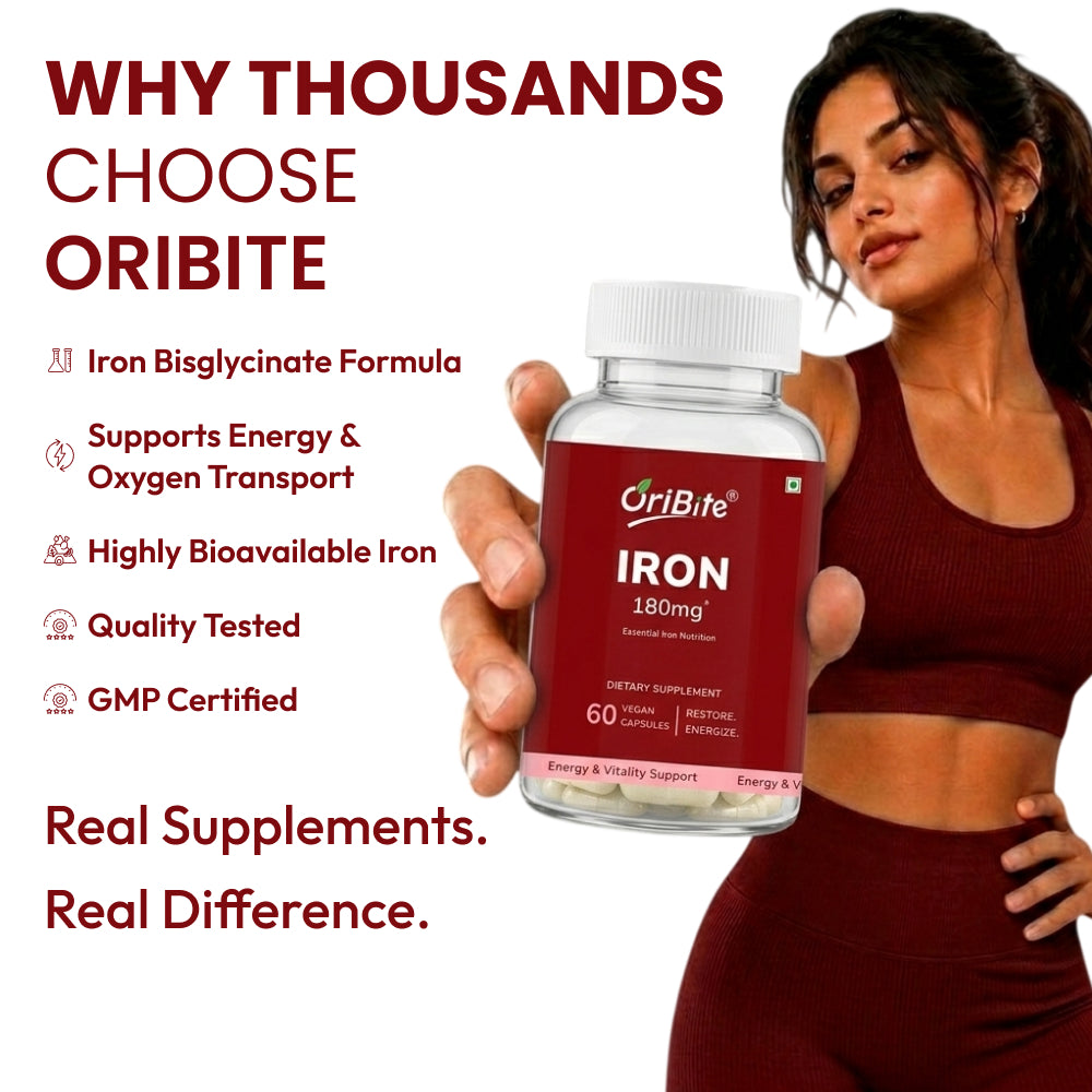 A woman in a maroon sports bra and leggings holds a bottle of OriBite Iron 180mg dietary supplement. The left side features promotional text highlighting key benefits of the iron bisglycinate formula, such as supporting energy and oxygen transport, being bioavailable, and being GMP certified.