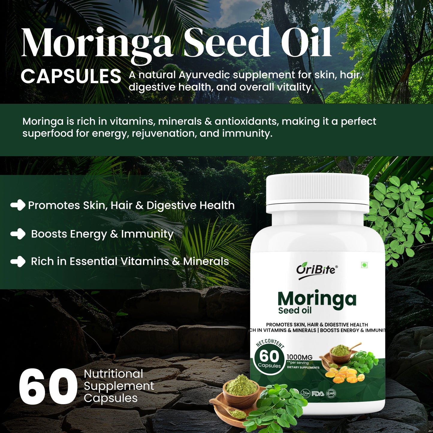 Oribite Moringa Seed Oil 1000mg – 60 Capsules | Cold-Pressed & Pure Superfood Supplement | Supports Skin, Hair, Digestion, Energy & Immunity | Rich in Vitamins & Antioxidants | Non-GMO, Gluten Free