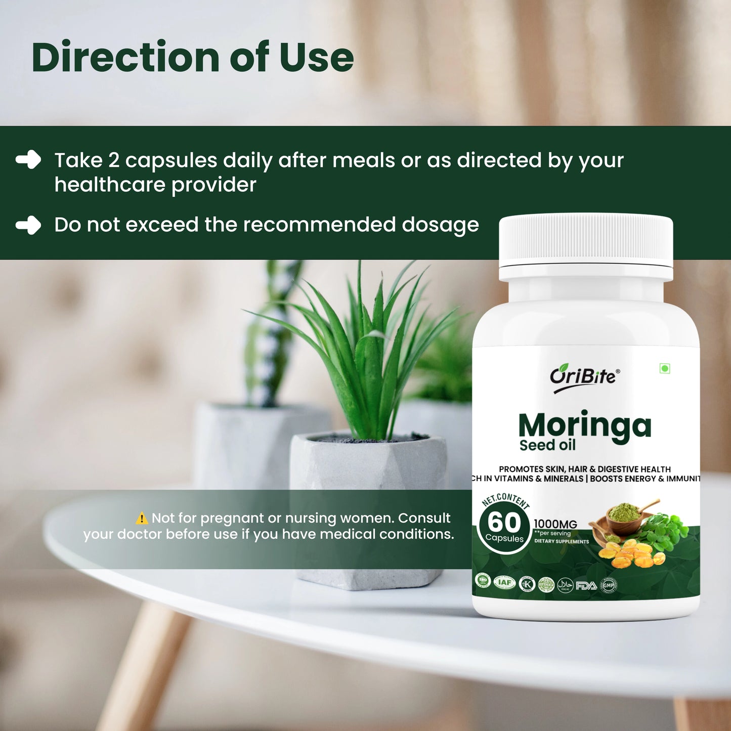 Oribite Moringa Seed Oil 1000mg – 60 Capsules | Cold-Pressed & Pure Superfood Supplement | Supports Skin, Hair, Digestion, Energy & Immunity | Rich in Vitamins & Antioxidants | Non-GMO, Gluten Free