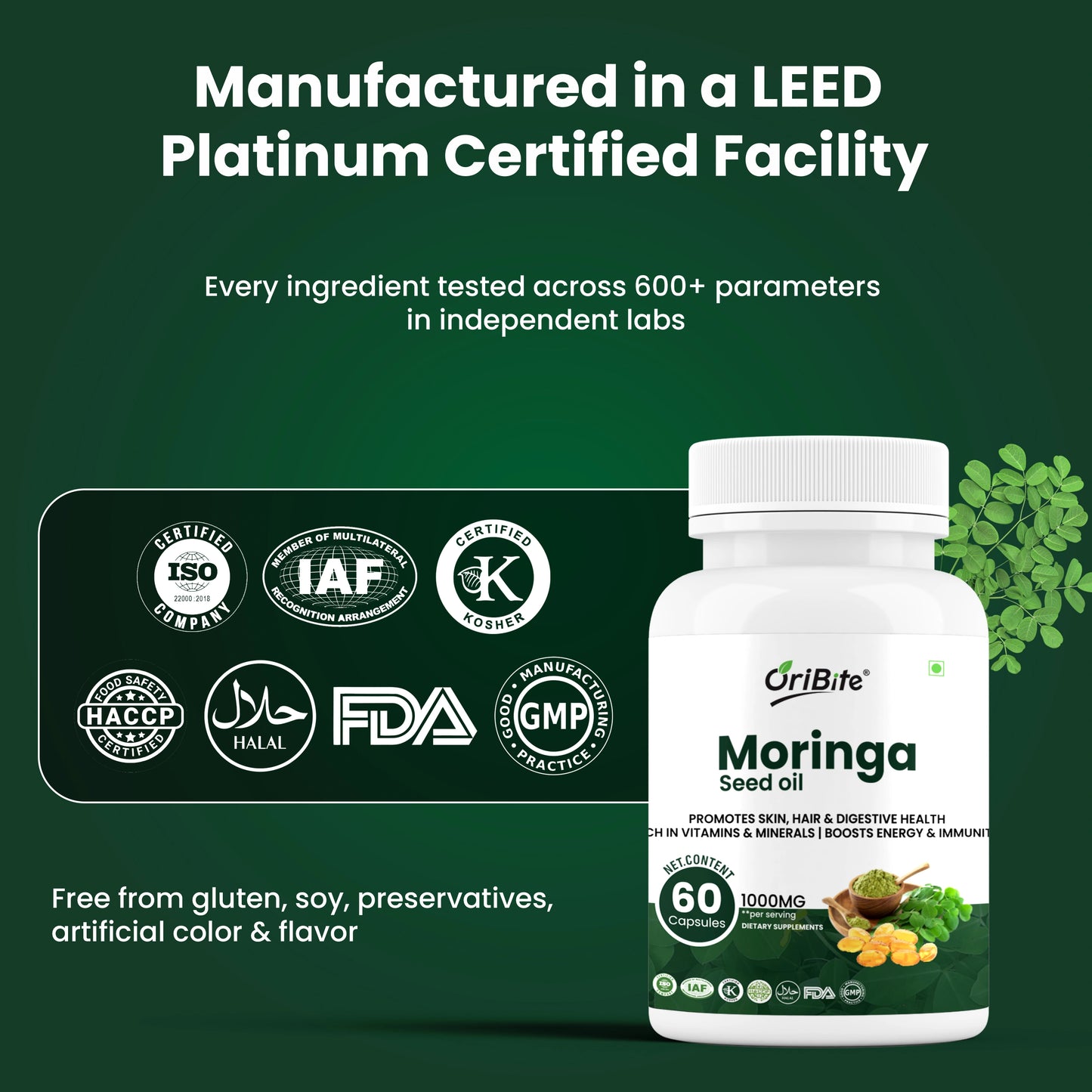 Oribite Moringa Seed Oil 1000mg – 60 Capsules | Cold-Pressed & Pure Superfood Supplement | Supports Skin, Hair, Digestion, Energy & Immunity | Rich in Vitamins & Antioxidants | Non-GMO, Gluten Free