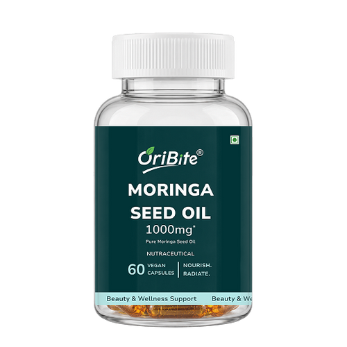A clear plastic bottle of OriBite Moringa Seed Oil 1000mg, featuring a dark green label with white text and a white ribbed cap, set against a plain white background.