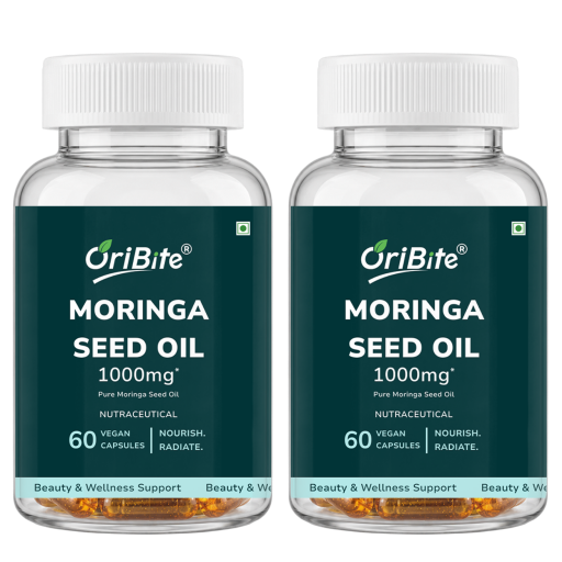 Two clear plastic bottles of OriBite Moringa Seed Oil 1000mg, 60 capsules each, with dark green labels and white caps, shown side-by-side on a white background.
