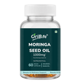 A bottle of OriBite Moringa Seed Oil 1000mg, 60 vegan capsules, shown on a plain white background. The bottle is clear plastic with a white ribbed cap and a dark green label with white text.