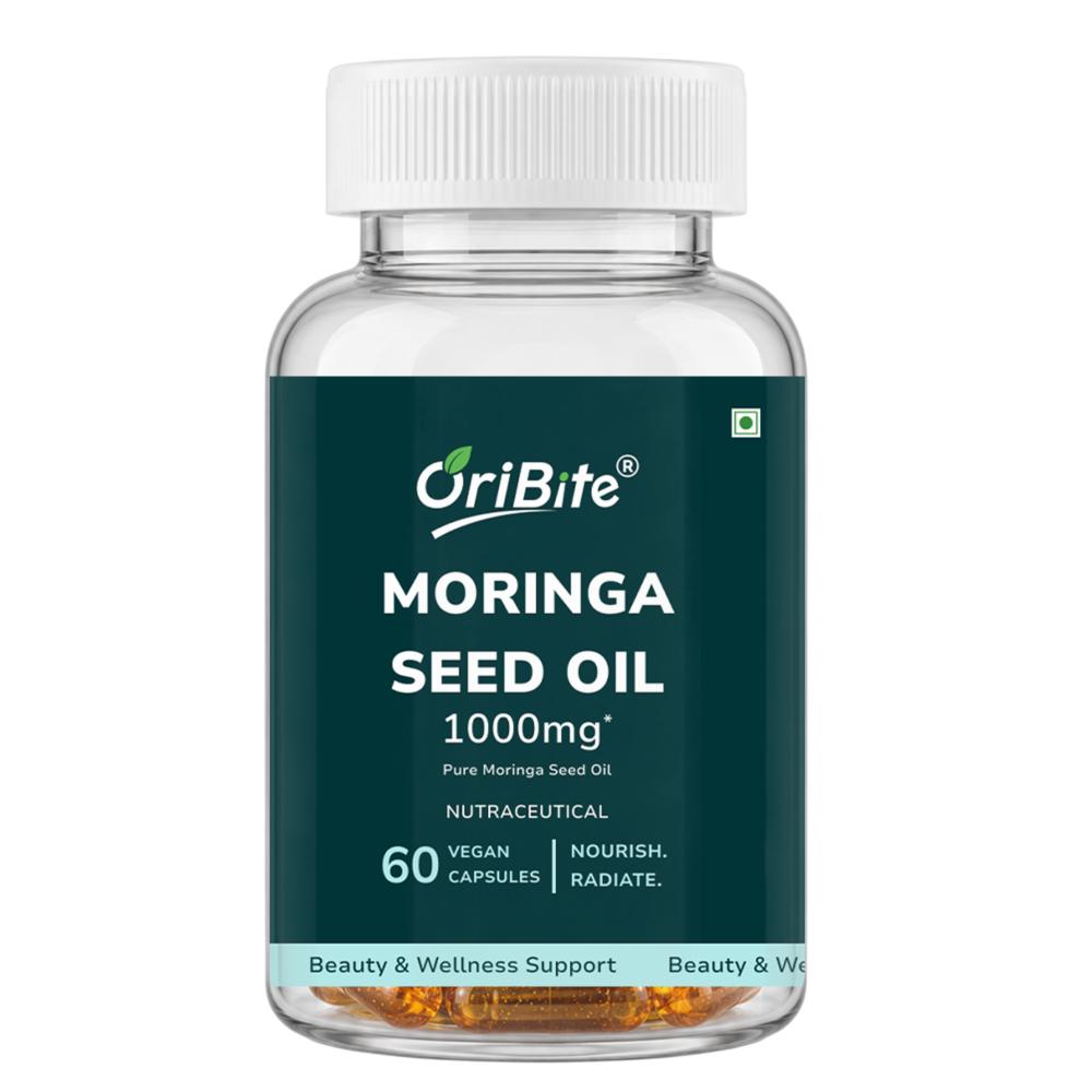 A bottle of OriBite Moringa Seed Oil 1000mg, 60 vegan capsules, shown on a plain white background. The bottle is clear plastic with a white ribbed cap and a dark green label with white text.