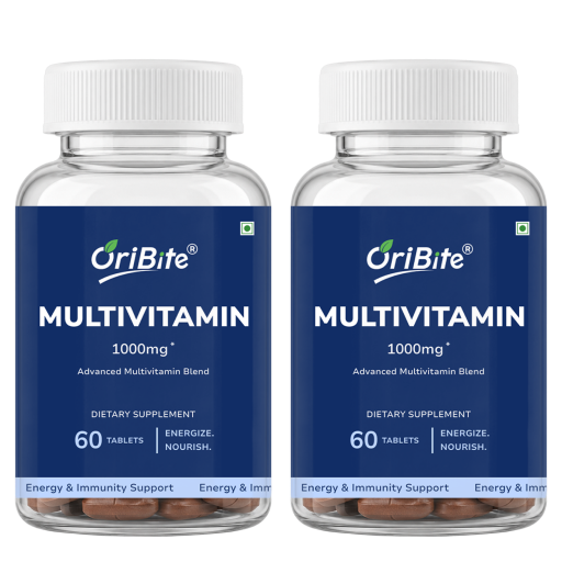 Two clear plastic bottles of OriBite Multivitamin 1000mg dietary supplement with white caps and dark blue labels, shown side by side on a white background.