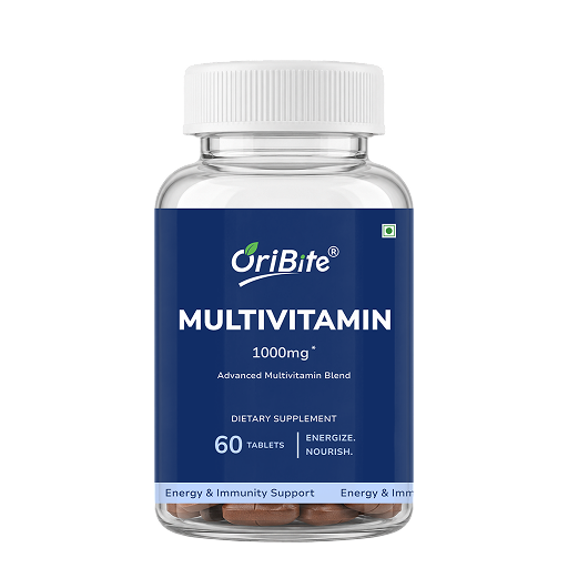 A bottle of OriBite Multivitamin 1000mg dietary supplement, containing 60 tablets, on a solid white background.