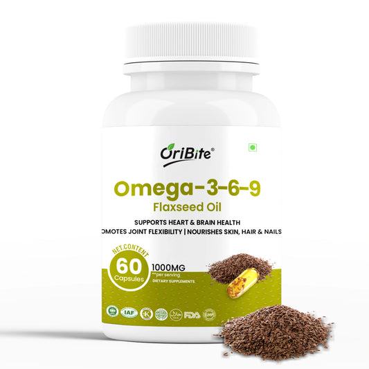 Oribite Omega 3-6-9 Flaxseed Oil 1000mg – Triple Omega Fatty Acids Supplement for Heart, Brain, Joint, Skin & Hair Health – 60 Capsules