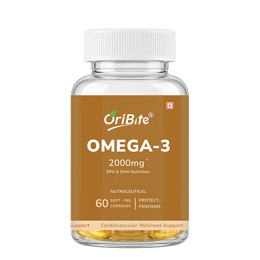 A clear plastic bottle of OriBite Omega-3 dietary supplement with a white cap and a brown label, containing yellow softgel capsules, on a plain white background.