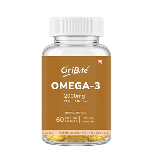 A clear plastic bottle of OriBite Omega-3 dietary supplement with a white cap and a brown label, containing yellow softgel capsules, on a plain white background.