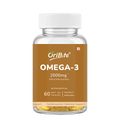 A bottle of OriBite Omega-3 2000mg dietary supplements, featuring a white cap and a brown label with white text, containing 60 soft gel capsules visible inside a clear bottle.