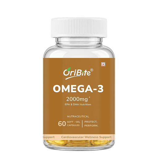 A bottle of OriBite Omega-3 2000mg dietary supplements, featuring a white cap and a brown label with white text, containing 60 soft gel capsules visible inside a clear bottle.
