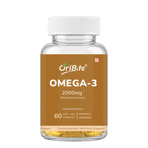 A bottle of OriBite Omega-3 2000mg dietary supplements, featuring a white cap and a brown label with white text, containing 60 soft gel capsules visible inside a clear bottle.