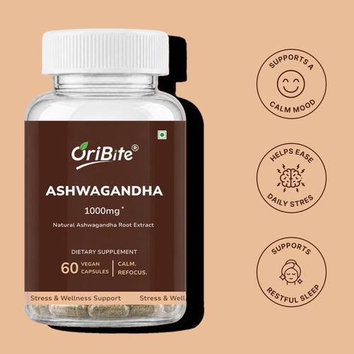 A bottle of OriBite Ashwagandha 1000mg dietary supplement capsules, shown on a warm beige background with three circular benefit icons on the right.