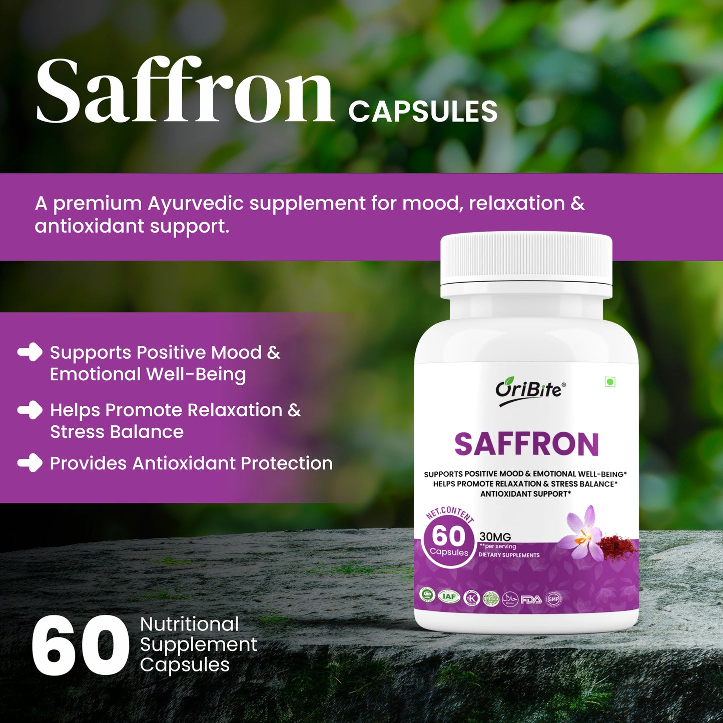 Oribite Saffron Supplement 30mg – 100% Pure Saffron Extract Capsules for Mood, Energy, Focus & Eye Health – Antioxidant Support – Vegan, Non-GMO, Gluten-Free – 60 Capsules