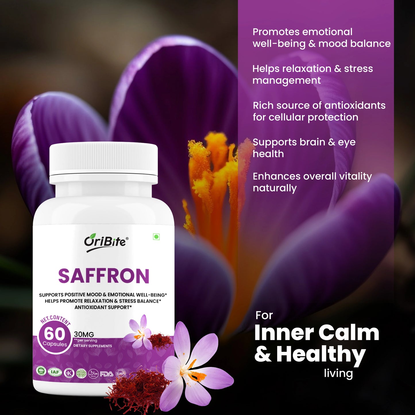 Oribite Saffron Supplement 30mg – 100% Pure Saffron Extract Capsules for Mood, Energy, Focus & Eye Health – Antioxidant Support – Vegan, Non-GMO, Gluten-Free – 60 Capsules