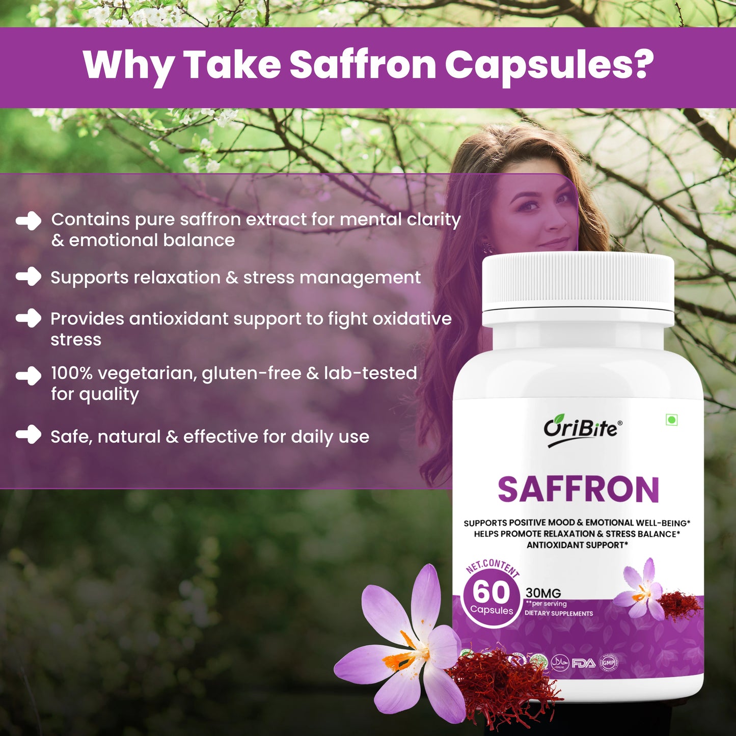 Oribite Saffron Supplement 30mg – 100% Pure Saffron Extract Capsules for Mood, Energy, Focus & Eye Health – Antioxidant Support – Vegan, Non-GMO, Gluten-Free – 60 Capsules