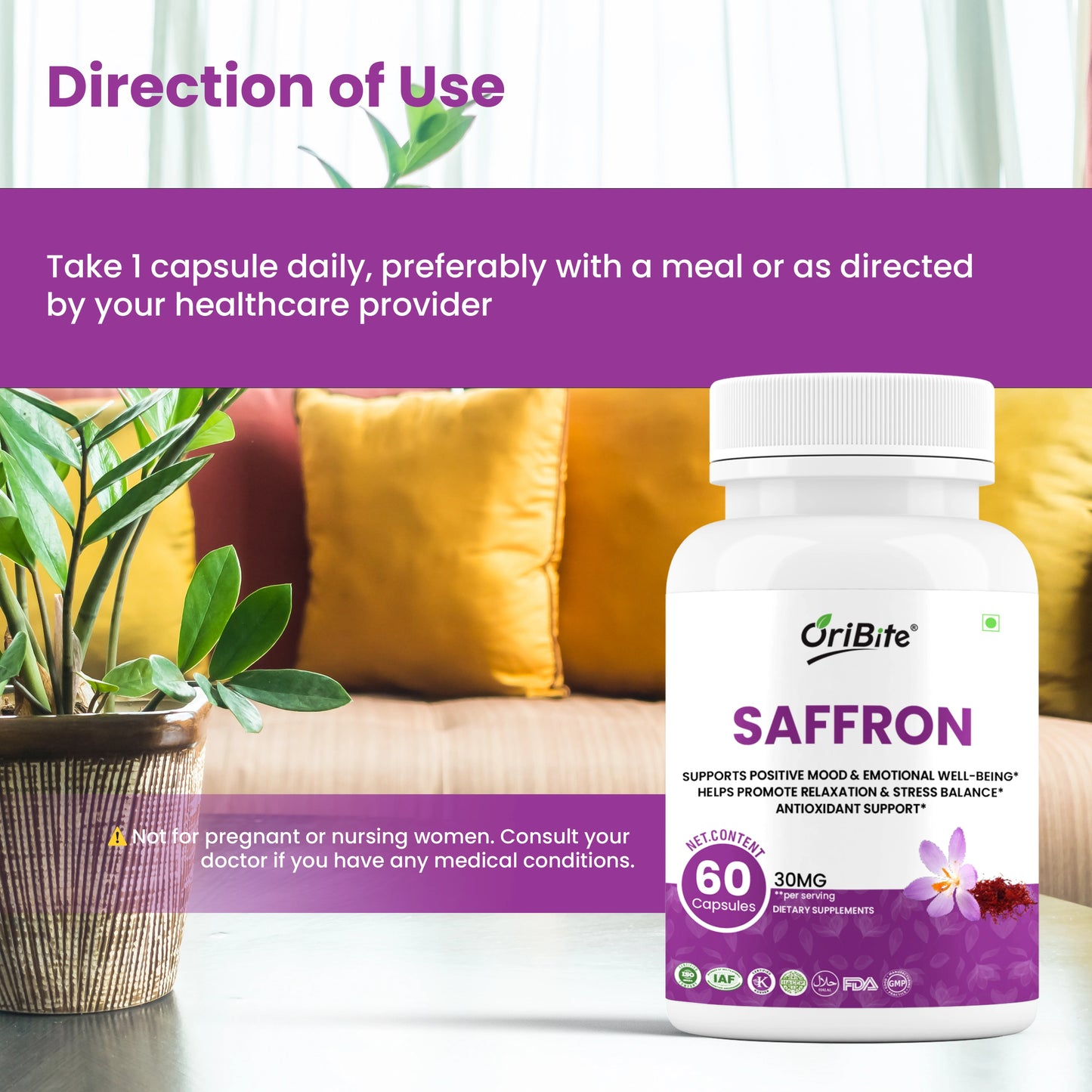 Oribite Saffron Supplement 30mg – 100% Pure Saffron Extract Capsules for Mood, Energy, Focus & Eye Health – Antioxidant Support – Vegan, Non-GMO, Gluten-Free – 60 Capsules