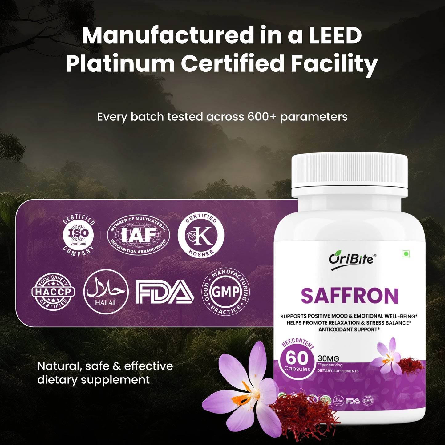 Oribite Saffron Supplement 30mg – 100% Pure Saffron Extract Capsules for Mood, Energy, Focus & Eye Health – Antioxidant Support – Vegan, Non-GMO, Gluten-Free – 60 Capsules