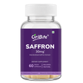 A bottle of OriBite Saffron 30mg dietary supplement capsules on a plain white background. The bottle is clear plastic with a white cap and a purple label featuring white text.