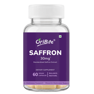 A bottle of OriBite Saffron 30mg dietary supplement capsules on a plain white background. The bottle is clear plastic with a white cap and a purple label featuring white text.