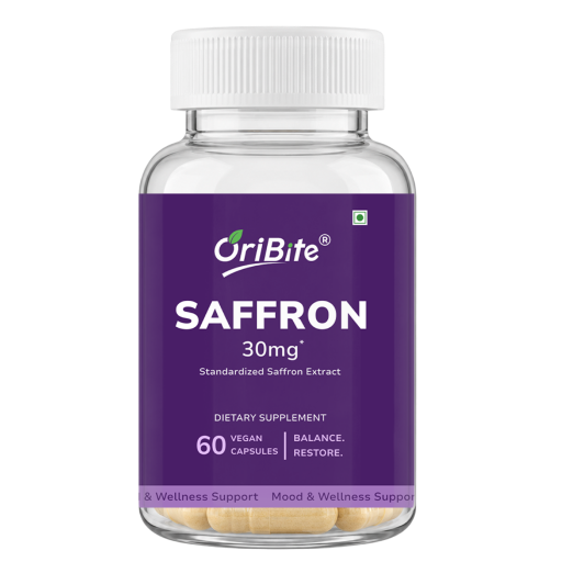 A bottle of OriBite Saffron 30mg dietary supplement capsules on a plain white background. The bottle is clear plastic with a white cap and a purple label featuring white text.