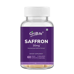 A bottle of OriBite Saffron 30mg dietary supplement, featuring a white cap and a purple label with white text, containing 60 vegan capsules.