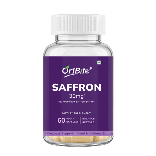 A bottle of OriBite Saffron 30mg dietary supplement, featuring a white cap and a purple label with white text, containing 60 vegan capsules.