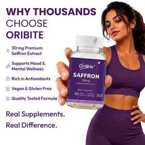 A woman in a purple athletic outfit holds a bottle of Oribite Saffron dietary supplement against a white background with promotional text highlighting its benefits.