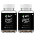 Two clear plastic bottles of OriBite Shilajit Capsules 1000mg, each with a white cap and a black label, shown side-by-side on a white background.