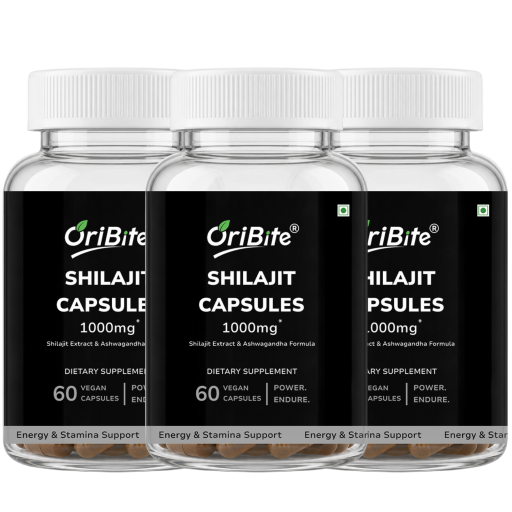Three clear plastic bottles of OriBite Shilajit Capsules 1000mg, arranged side by side against a plain white background.