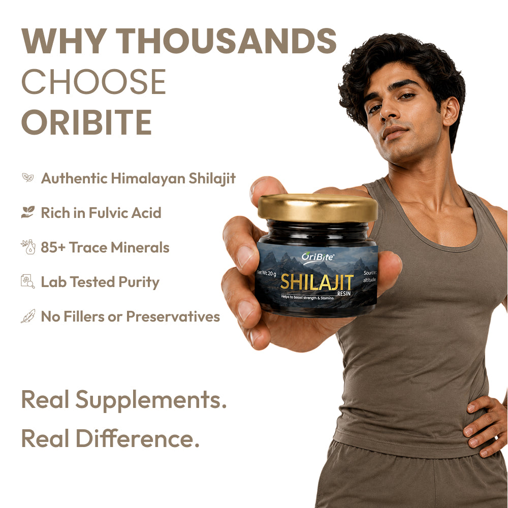 A man in a brown tank top holds up a jar of Oribite Shilajit against a white background with promotional text highlighting authentic Himalayan shilajit, fulvic acid, trace minerals, and lab-tested purity.