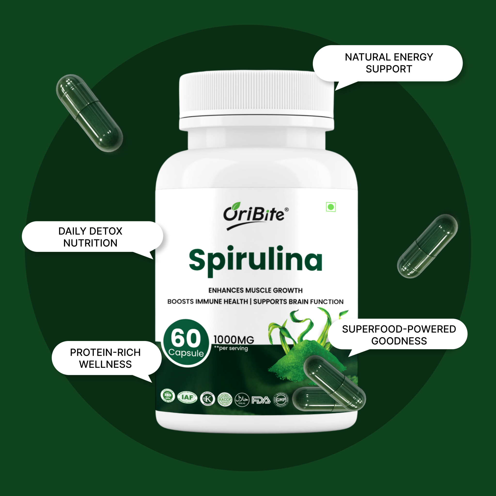 Spirulina Capsules for Plant Based Protein & Immunity - Oribite