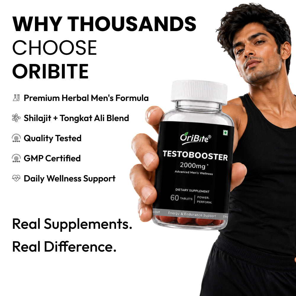 A man in a black tank top holds a bottle of OriBite Testosterone Support supplement against a white background with promotional text on the left.