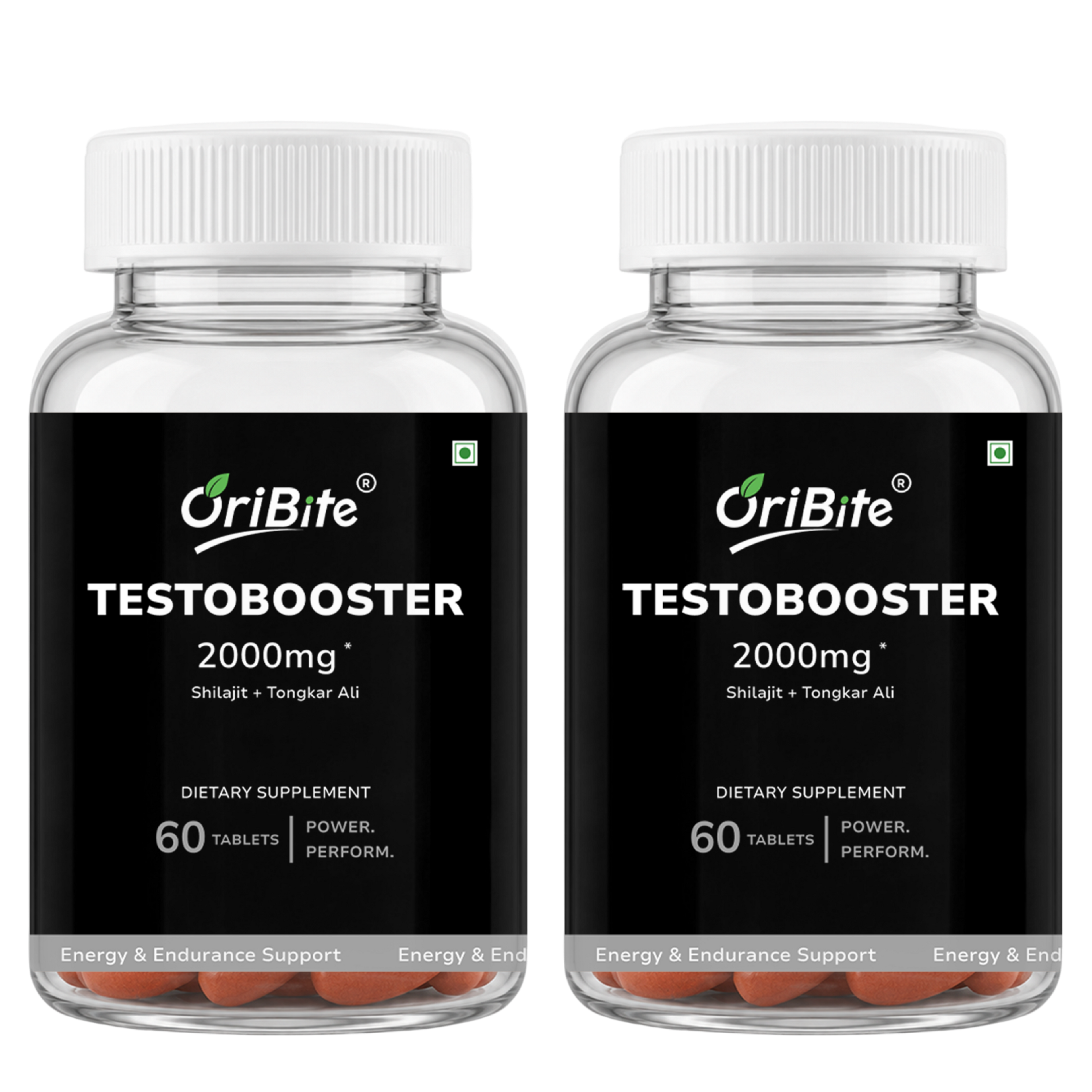 Two clear plastic supplement bottles of OriBite Testobooter 2000mg dietary supplement with white caps and black labels, shown side by side on a white background.