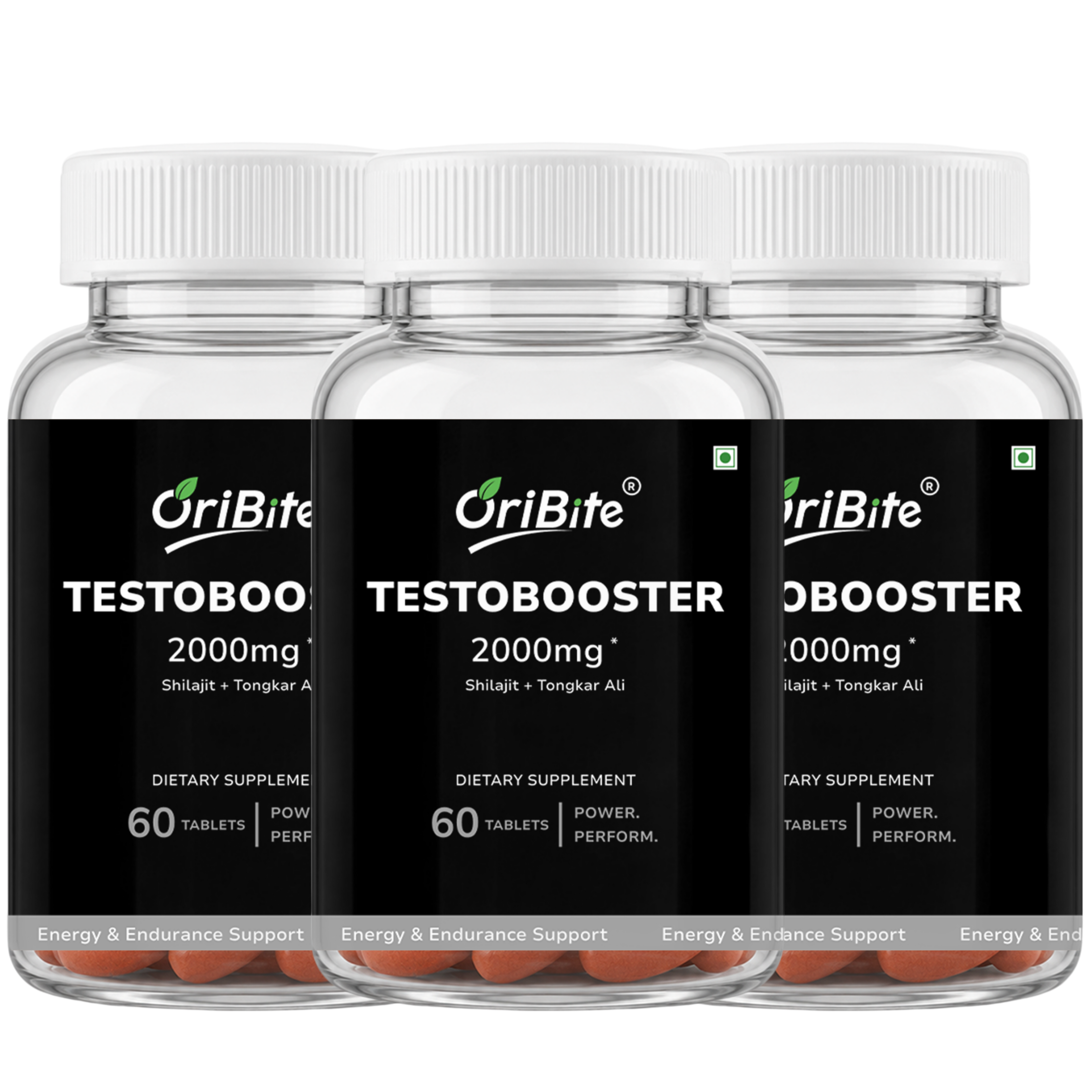 Three clear plastic bottles of OriBite Testobooler dietary supplement with white caps and black labels, arranged in a group on a white background.